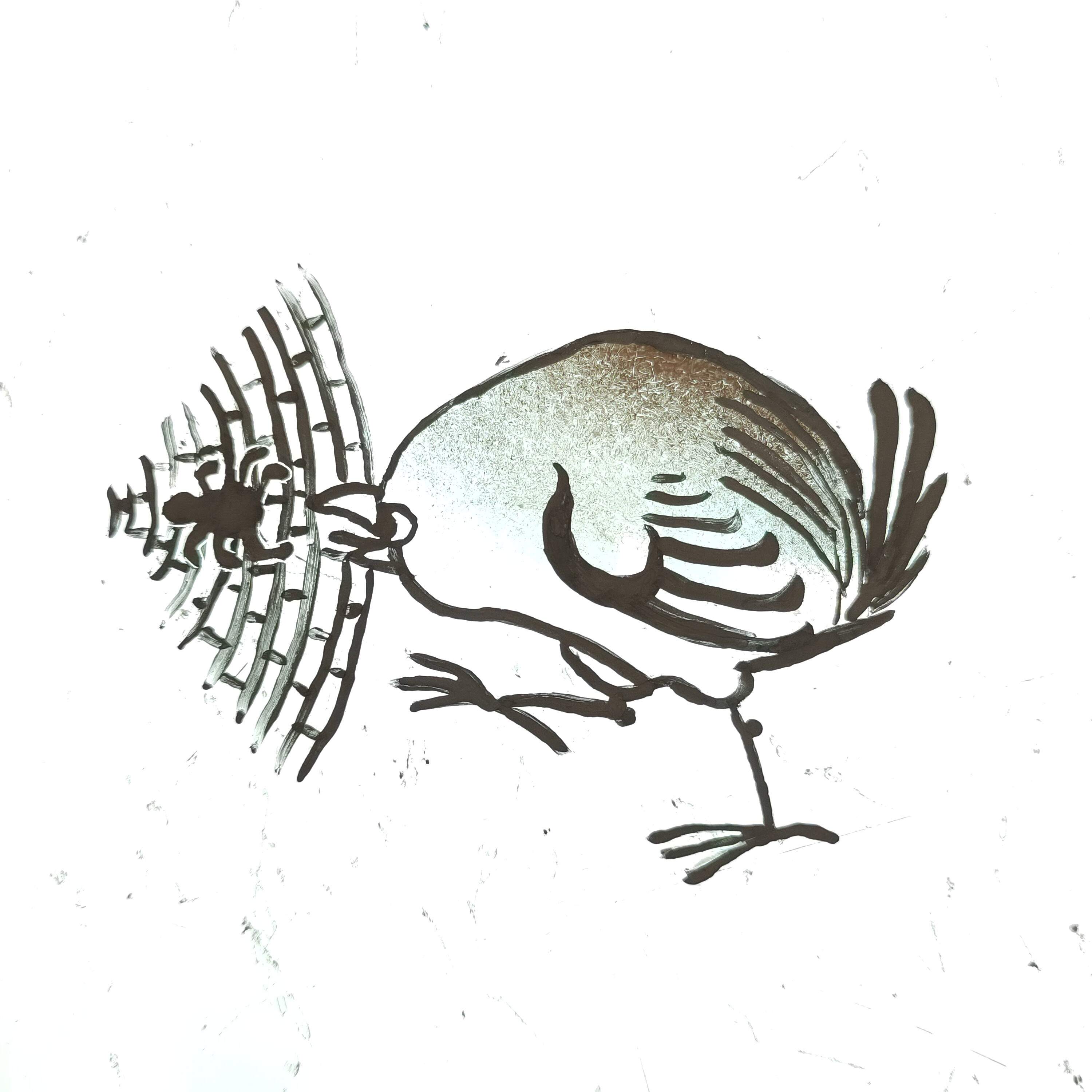 An image of a wren, in a medieval style of painting. On the left of the wren ia a web with a spider in the middle, the wren looks like it's about to eat the spider.